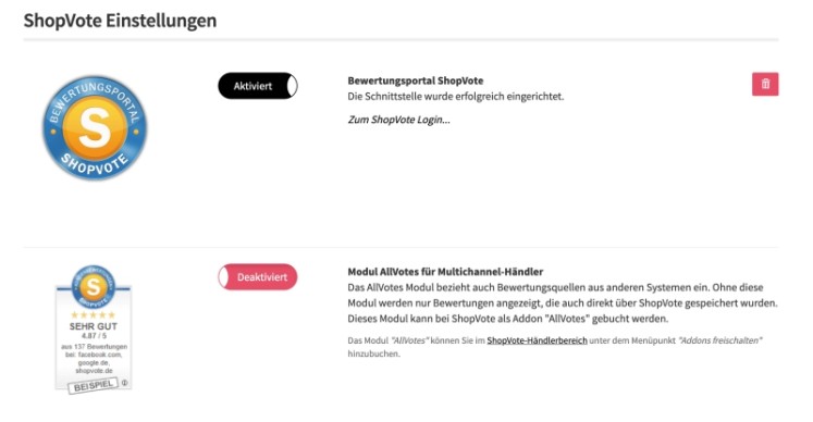 Einstellungsm&ouml;glichkeiten f&uuml;r Shopvote im azoo Backend