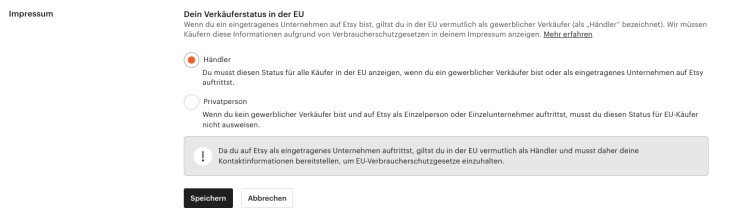 Etsy H&auml;ndler/Privatperson