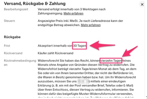 Screenshot eBay widerspr&uuml;chliche Widerrufsfristl&auml;ngen