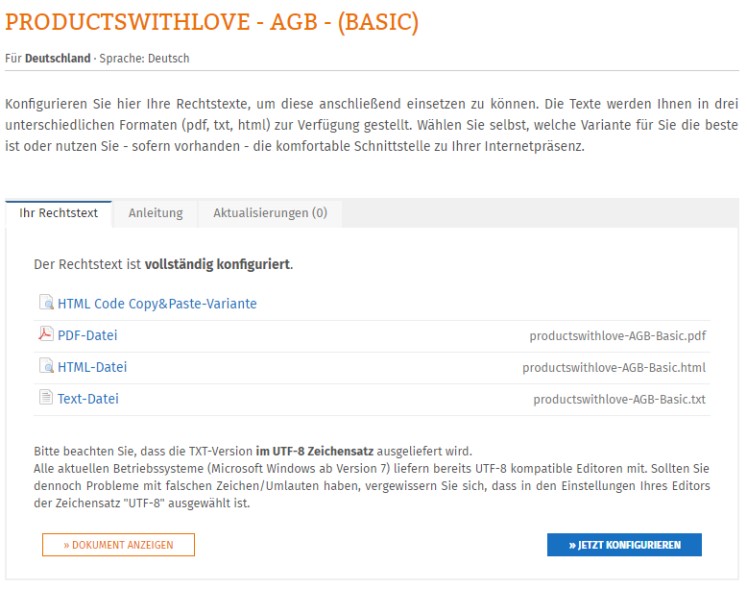 verf&uuml;gbare Textformate der Rechtstexte f&uuml;r productswithlove